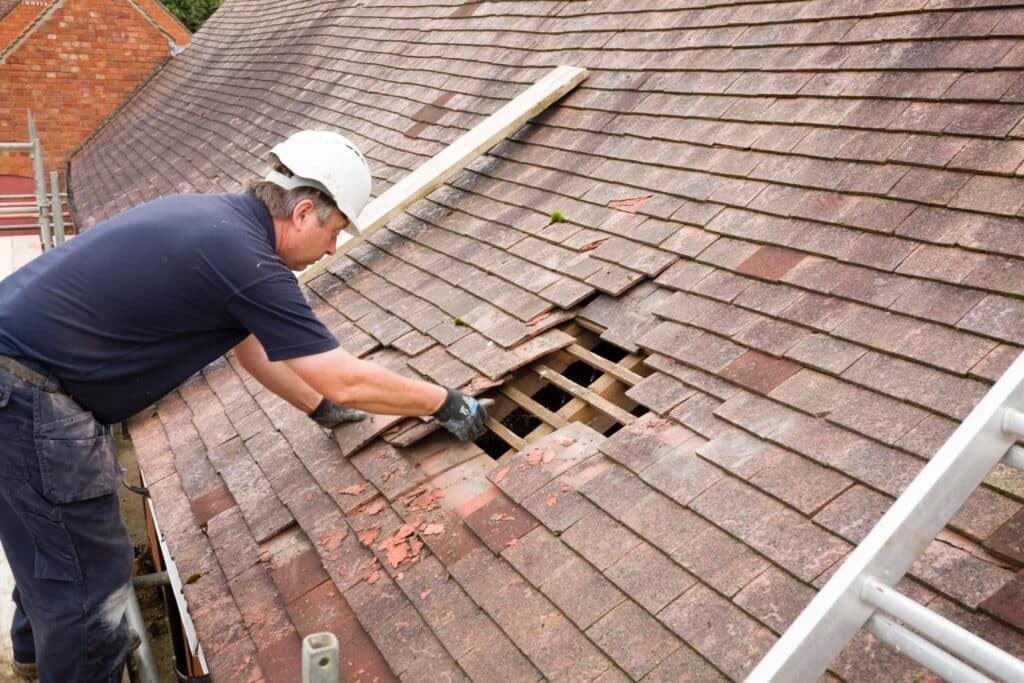 Roofer lifting interlocking tiles to inspect timber battens