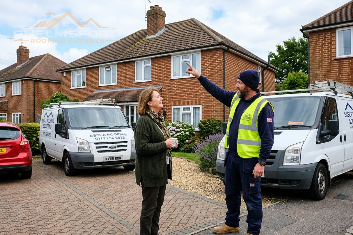 Chelmsford Roofing Experts estimator discussing roof inspection with homeowner in Essex