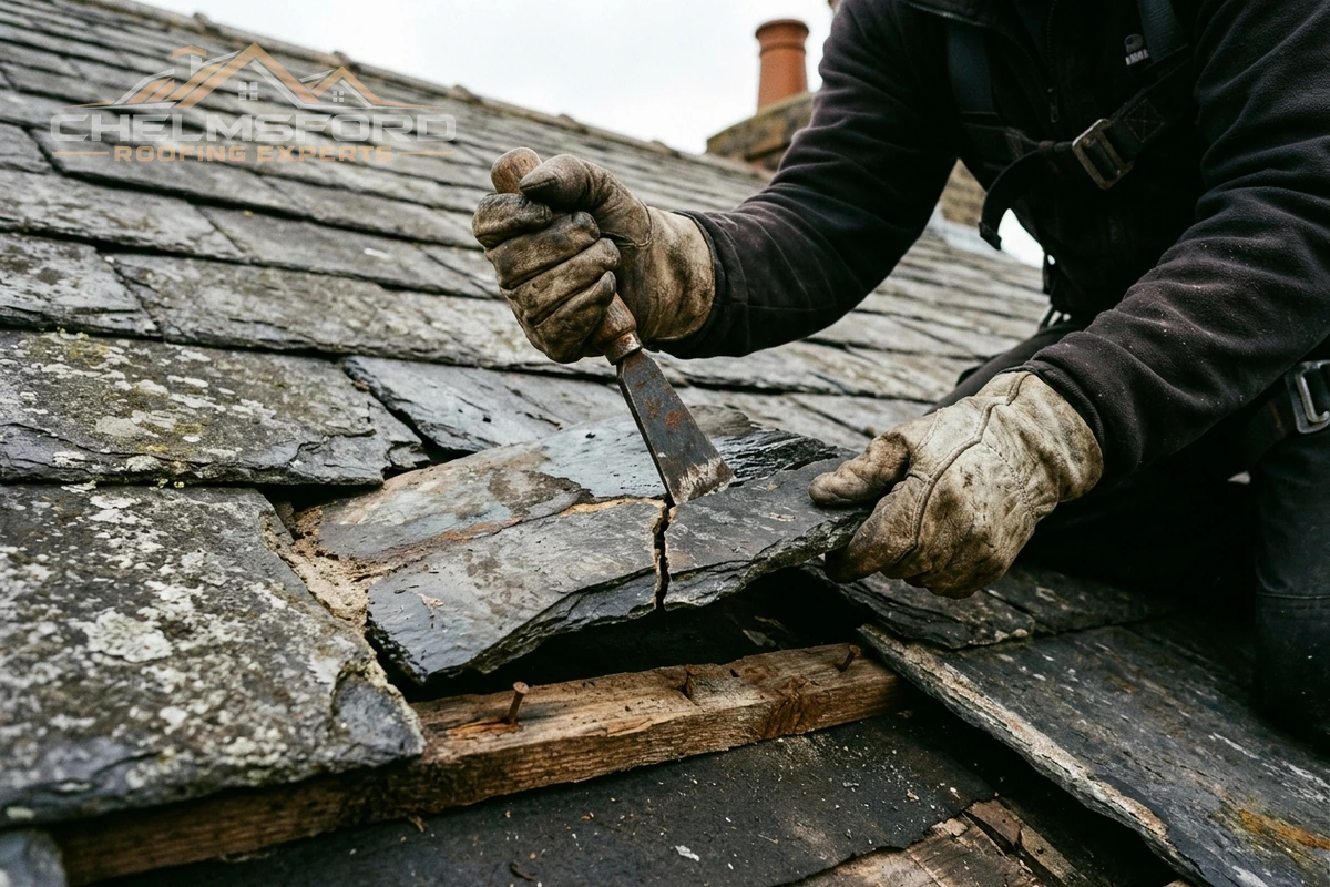 Roofer lifting damaged slates during a roof repair