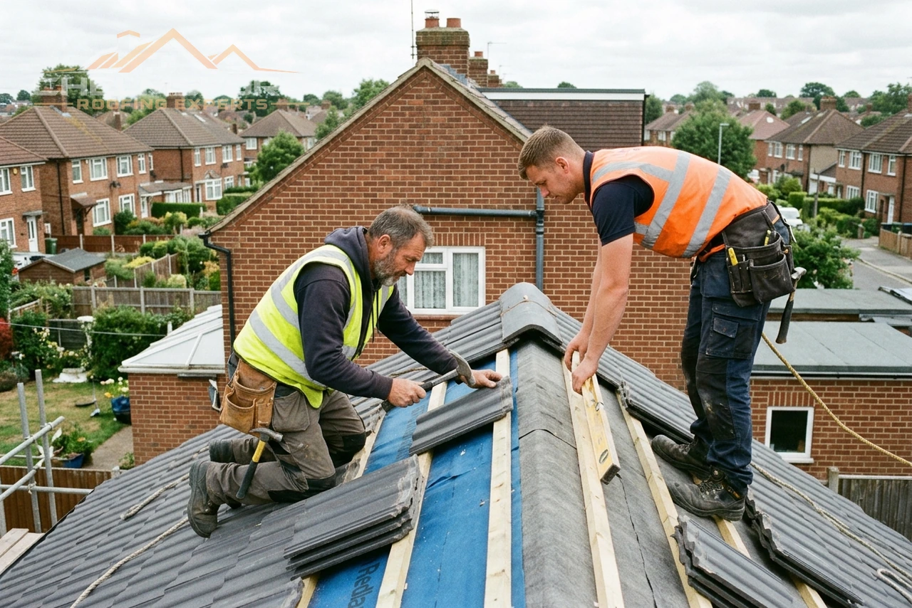 Professional roofing contractor team fitting tiles and inspecting residential roof in Chelmsford, Essex